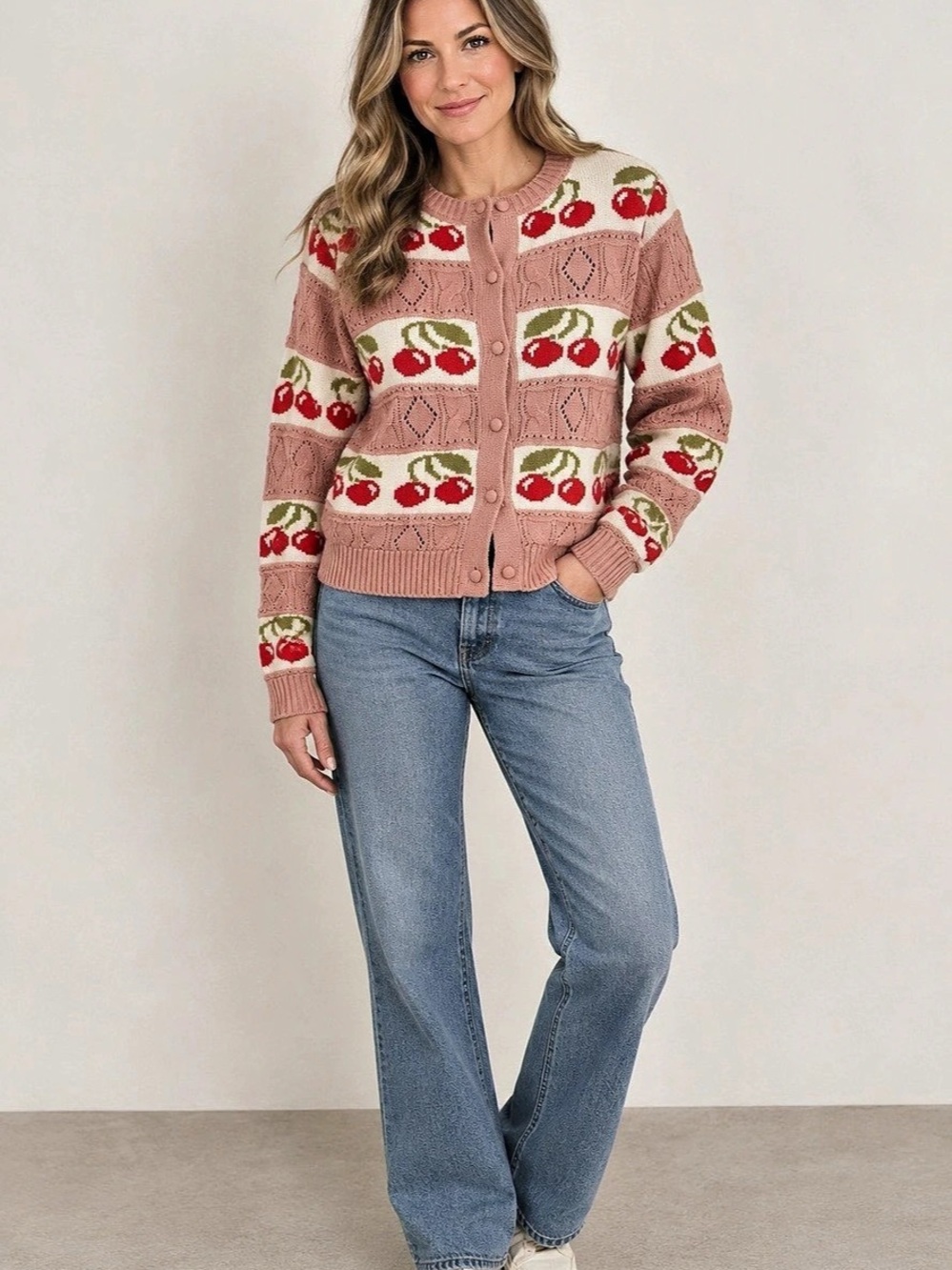 Easel Cherry Print Knit Button Down Cardigan Pink & White
